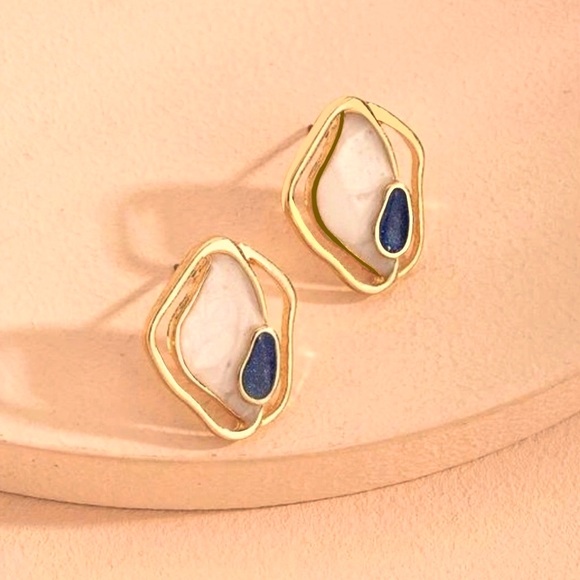 “Creamy Puddles” Artistic Artsy Art Deco Navy Blue Swirl Metallic Gold Wavy Stud - Picture 3 of 14